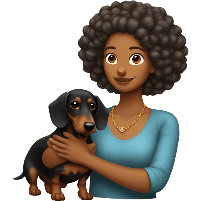 mujer mulata con pelo afro haciendo el simbolo de paz con perro dachshund  emoji