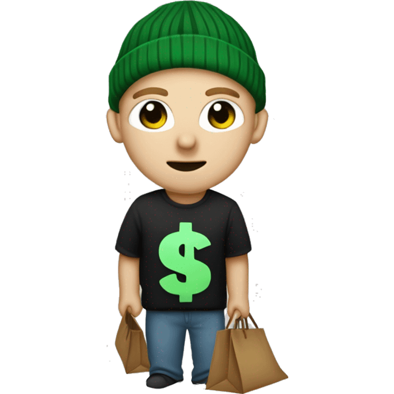 short light hair, large expressive eyes, small neutral mouth, wearing a black beanie, striped t-shirt or sweater, accessorized with a black eye-cutout mask and holding a brown bag with a green dollar sign. emoji