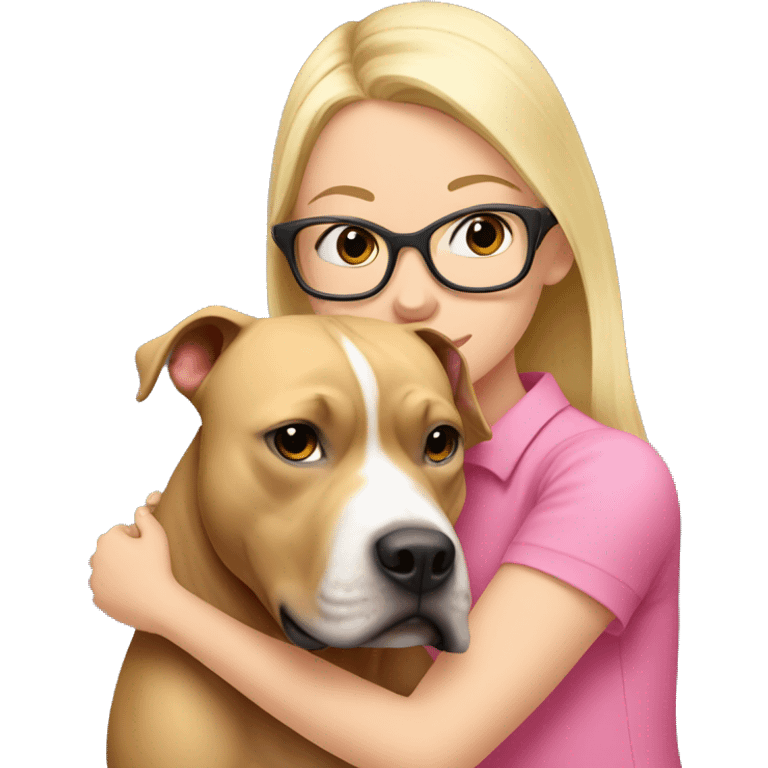 blonde haired girl with clear glasses and a pink shirt hugging a blonde American pit bull emoji