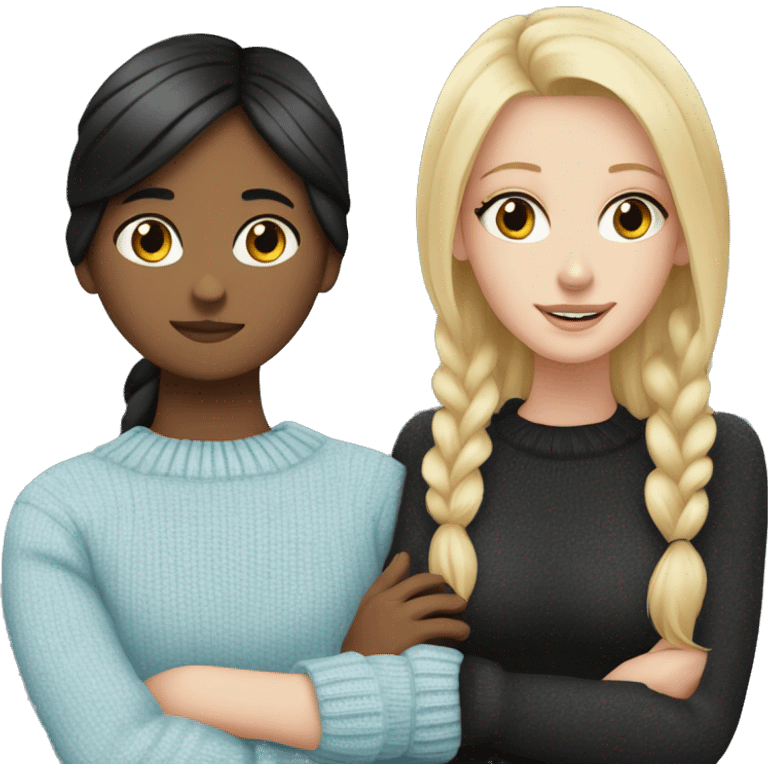 Blonde white girl wearing light blue sweater hugging black haired white girl wearing black sweater emoji