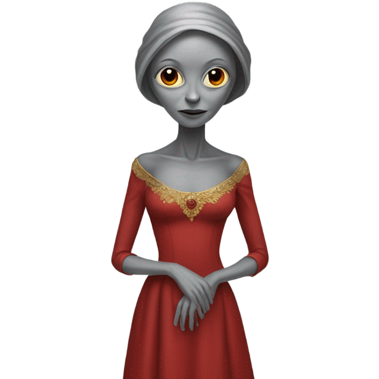 a gray alien woman, full body, in red Romanov dress emoji