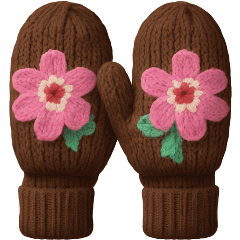 A pair of cozy knitted brown mittens with a pink floral design emoji