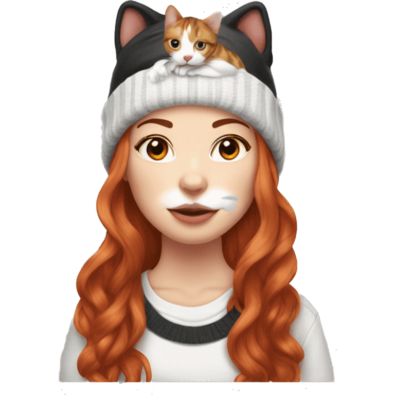 Long Red haired woman in beanie with septum piercing holding black and white English Staffordshire puppy and tabby cat emoji