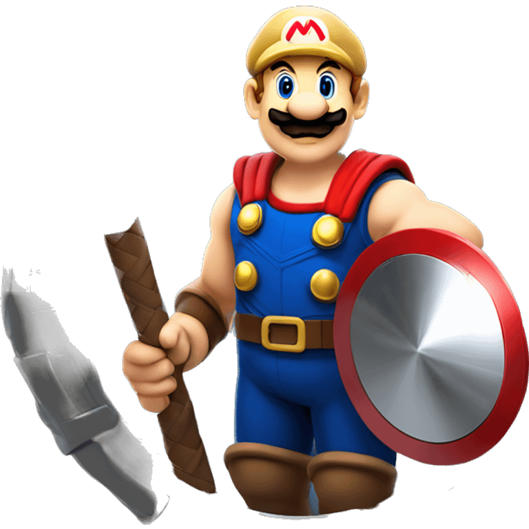 Mario holding a Captain mega shield and Thor hammer ￼ emoji