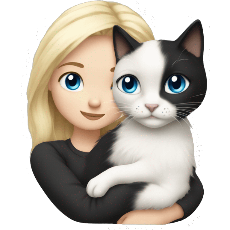 Blonde girl blue eyes snuggling fluffy black and white tuxie cat emoji