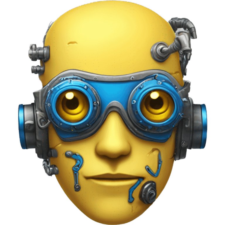 Yellow skin cyborg head with blue steampunk goggles emoji