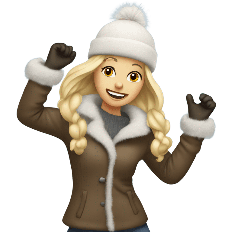 blonde girl in a fur hat dancing in the snow emoji