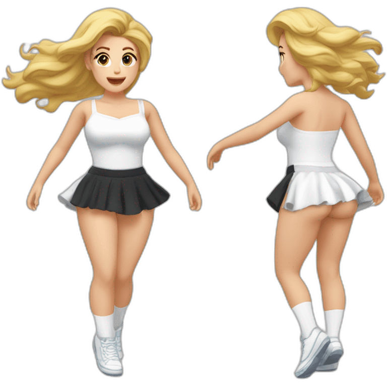 full-body-caucasian-curvy-beauty-jumping-short-black-skirt-back-and-front-views-strong-wind-white-knickers-long-white-socks emoji