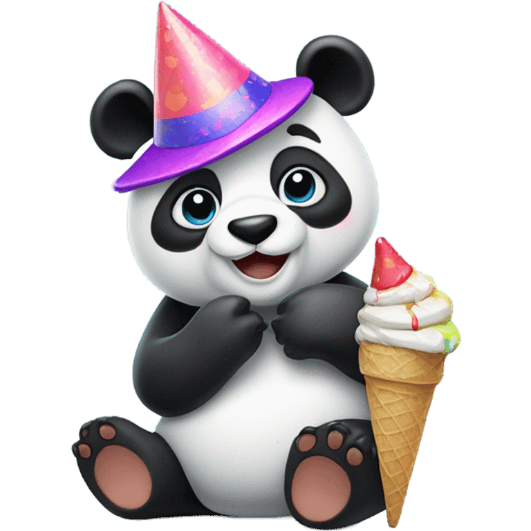 Panda crying while wearing a party hat on his head while eating ice cream emoji