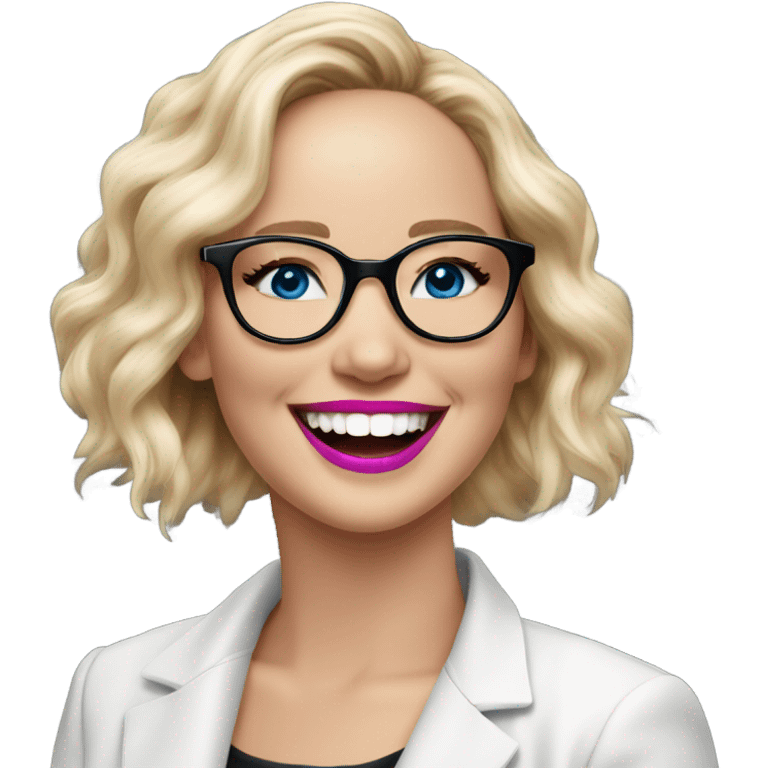 Happy laughing Jennifer Lawrence,  blue eyes wearing glasses and pink lipstick  emoji