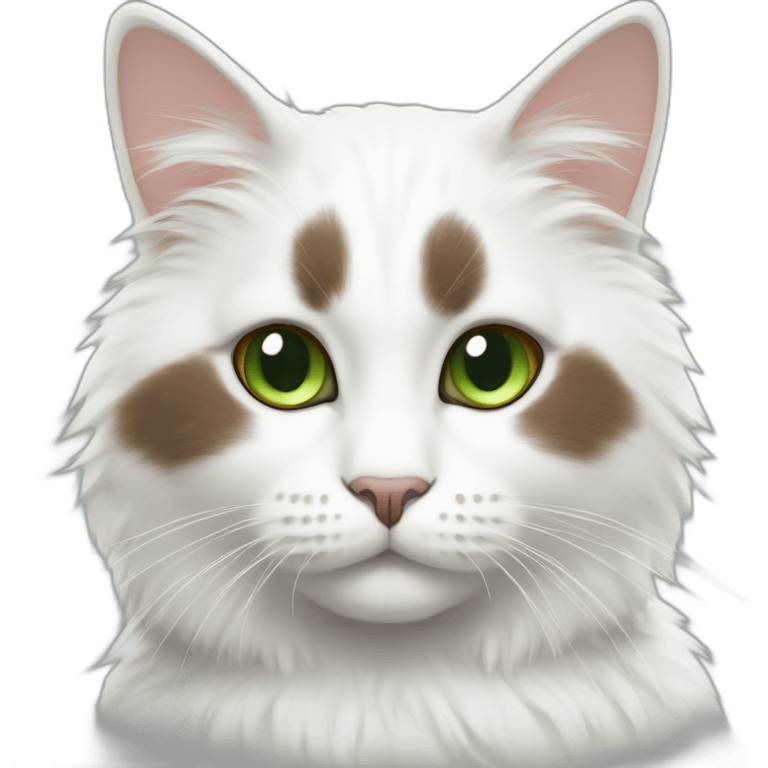 white fluffy bi-colour cat with dark brown ears and upper head, brown ears and green eyes emoji