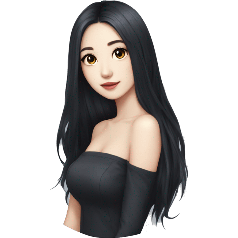 girl, long black hair, kpop idol, standing, beautiful girl, very hot girl, russian american emoji