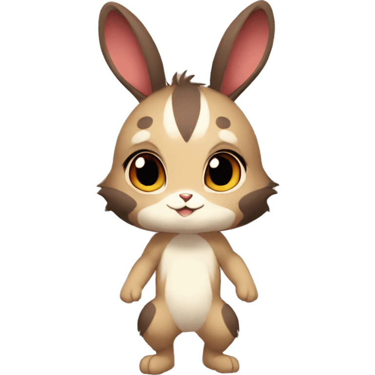 Cute, Chibi, Kemono-style, Anthro, Fur-Sona, Dark-Brown, Normal-type-Ground-type Tan-Rabbit-Fakémon with Dark-Red eyes, beige belly, beige paws, beige feet, beige freckles, full body emoji