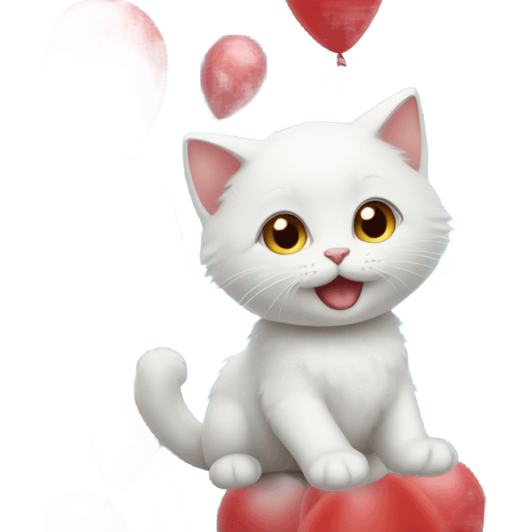 small white kitten and red balloons emoji