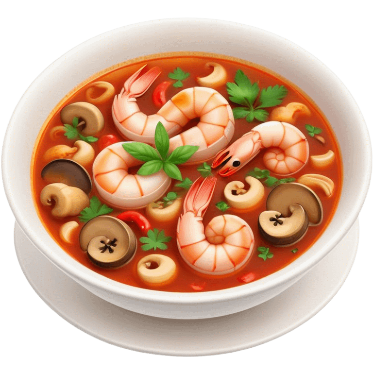 Cinematic Realistic Tom Yam Kung Soup Dish Emoji, showcasing a spicy, sour shrimp soup with herbs and mushrooms rendered with lifelike textures and bold, dynamic lighting. emoji