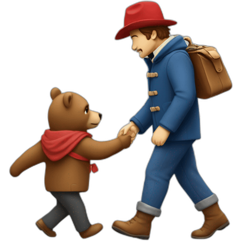 a developer walking away with paddington bear after finishing a ticket emoji