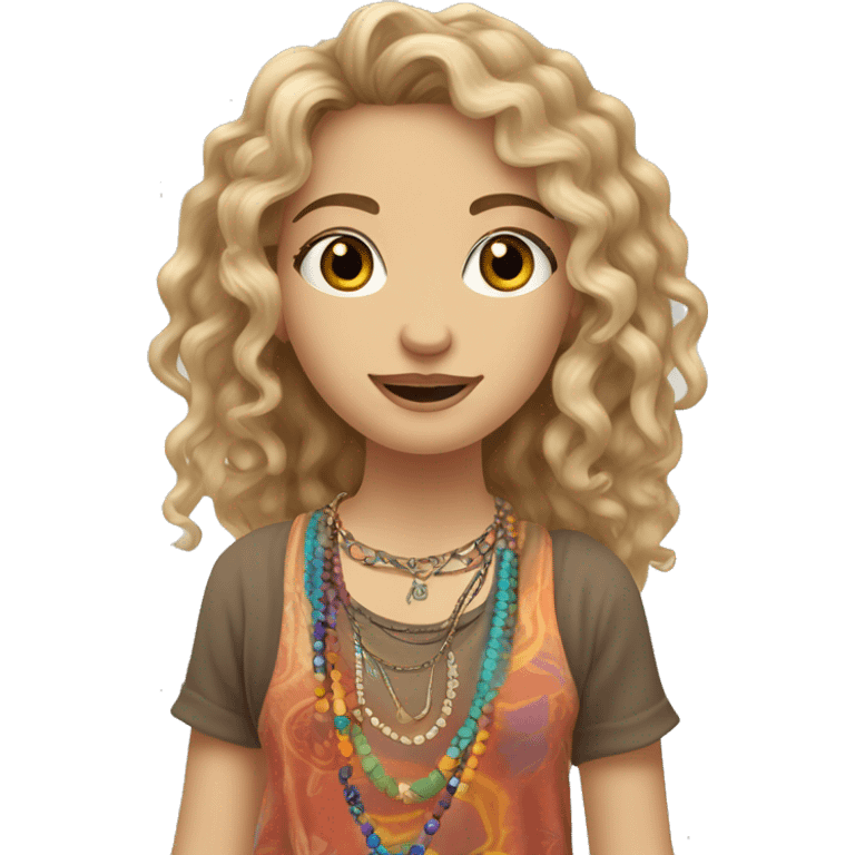 Caucasian hippie girl with curly dirty blonde hair, hazel eyes, baggy colorful pants and a tank top, lots of bohemian bracelets and jewelry emoji