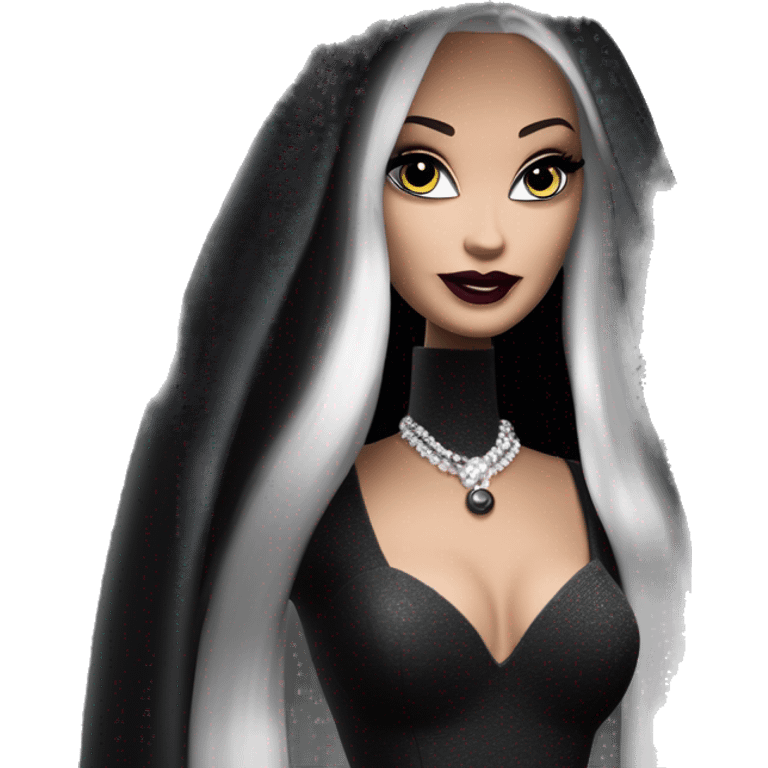 Stunning in the Spotlight Barbie, teen Morticia Addams,showing off, show full body,accessories  gloves face-veil umbrella  emoji