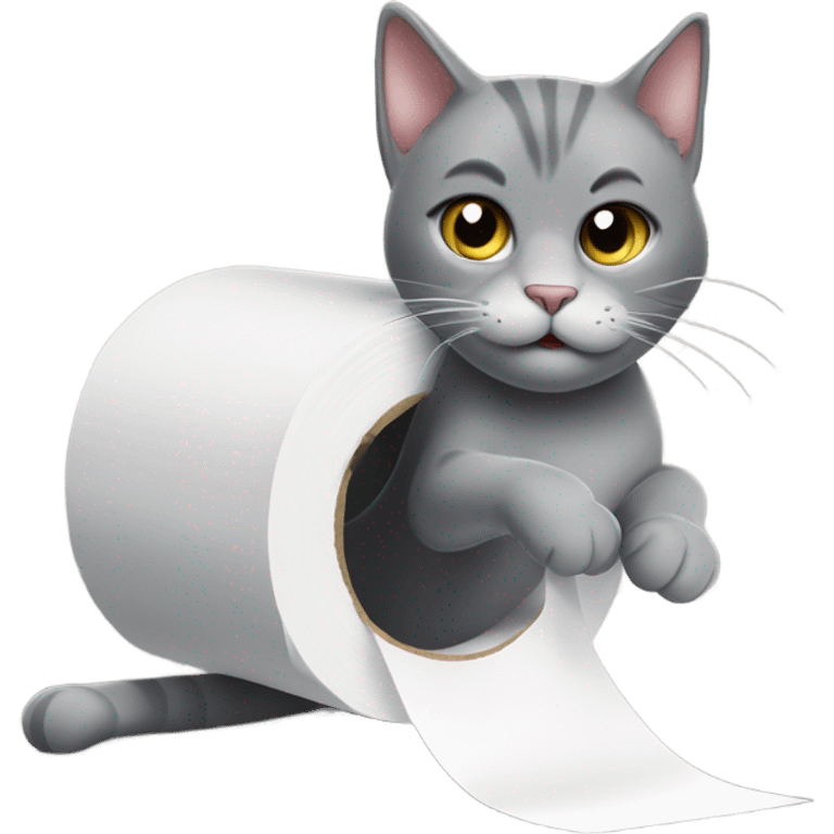 grey cat playing with roll of toilet paper emoji