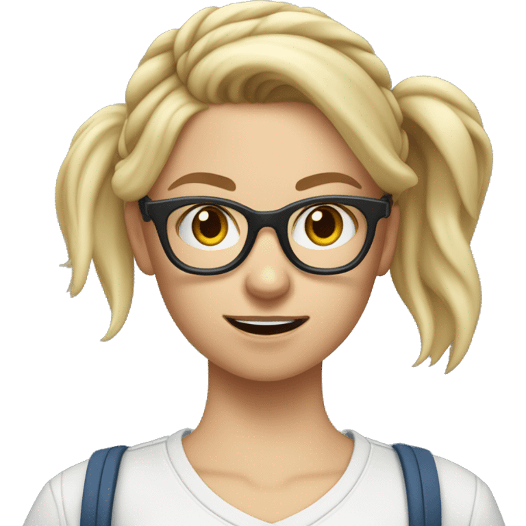 blond and white tall german girl wearing jeans and top and glasses and a hair bun. She holds a tennis racket at hand and her face she seems a bit scared emoji