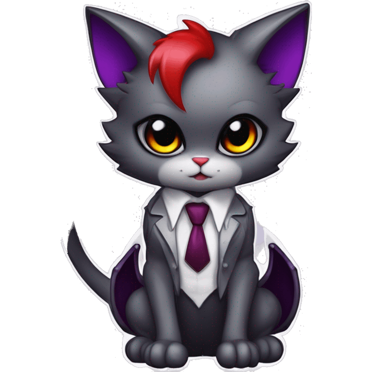 Anthro-Cute-Edgy-Vampiric-Batty-Cat-Black-Purple-Red-Grey-White-Yellow-Contrast-Colors-Fantasy-Fur-Sona-Chibi-Shiny-Fakémon-Hybrid with horns and big fangs, neck tie, leg spats full body emoji