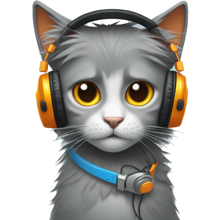 a grey anthropomorphic cat with one blue eye and one orange eye with messy black emo hair wearing yellow headphones emoji