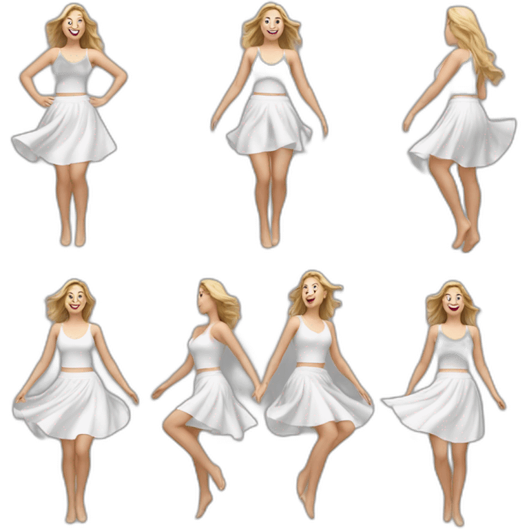 Hyperrealistic Full body Caucasian curvy beauty jumping white skirt back and front views strong wind emoji