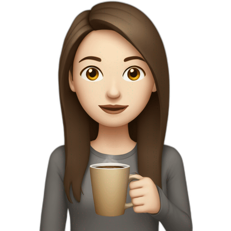 woman with long straight brown hair and pale skin carrying laptop and a coffee mug emoji