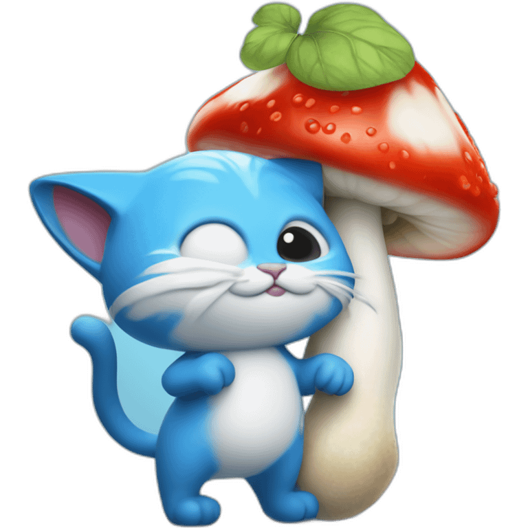 blue smurf cat with a white mushroom fungai hat also with berries on his back and a stick poking into the berries with a snail poked into it emoji