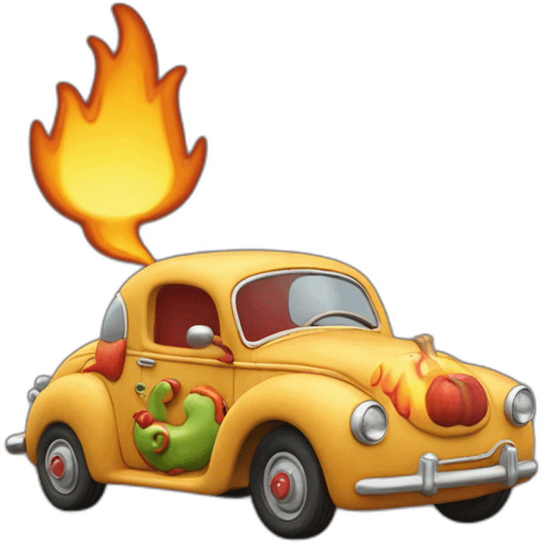 richard scarry lowly worm apple car shaped like a cookie with flames emoji