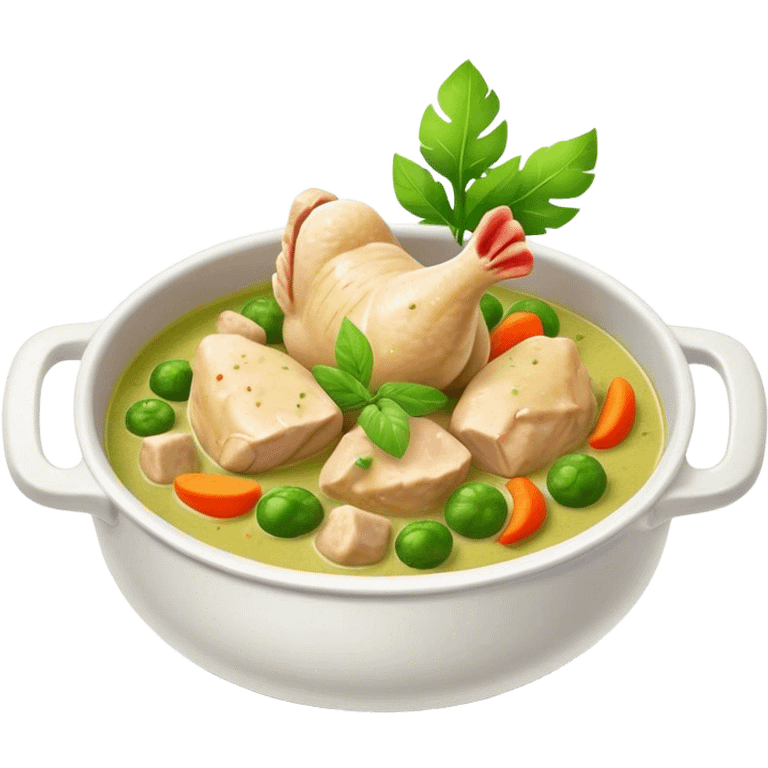 Green Chicken Curry Cinematic Realistic Green Chicken Curry Dish Emoji, depicted as tender chicken chunks simmered in a fragrant green curry sauce with vegetables, rendered with vivid textures and dynamic, vibrant lighting. emoji