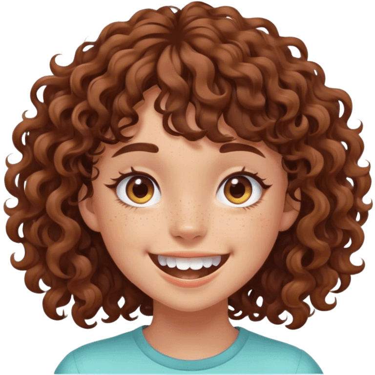 Brown curly hair girl with big teeth and bangs  emoji