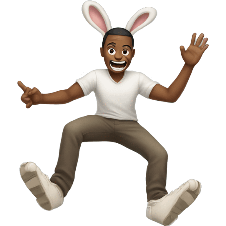 Human with rabbit teeth with feet kicking in the back and hands holding up his face emoji