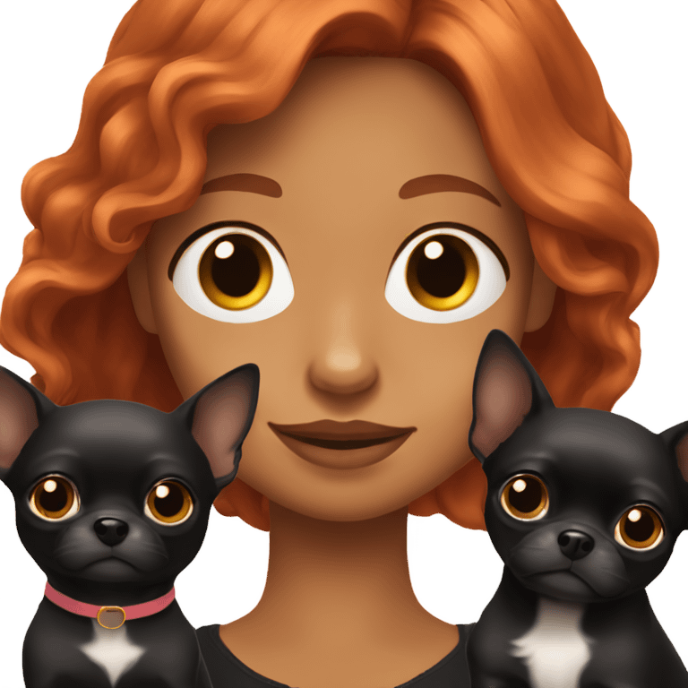 woman with long red hair and brown eyes holding all over black Chihuahua  emoji