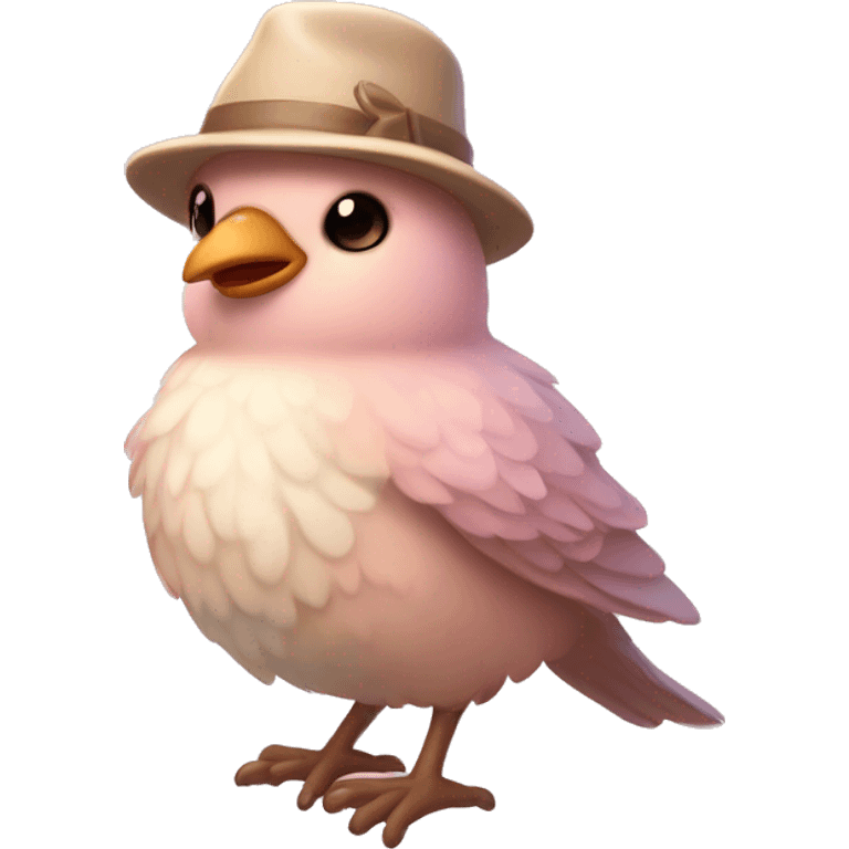 “A cute, fluffy, light pink or pastel-toned bird in a game-like style, dressed in something adorable in pastel shades like beige or brown, with a cute hat or bow. Full-body view, waving cheerfully.” emoji