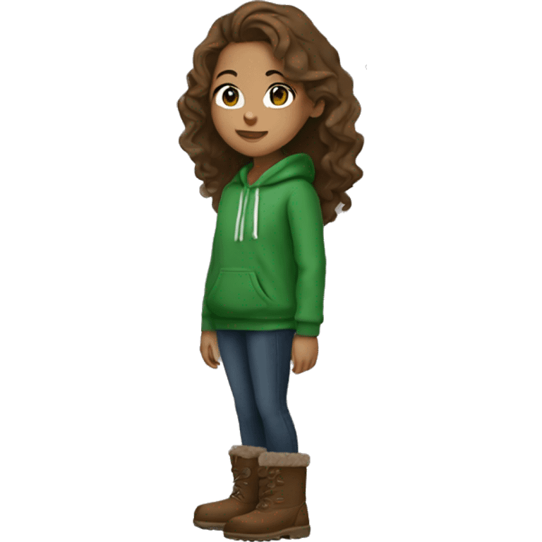 A girl in a green hoodie wearing brown UGGs with wavy brown hair long emoji