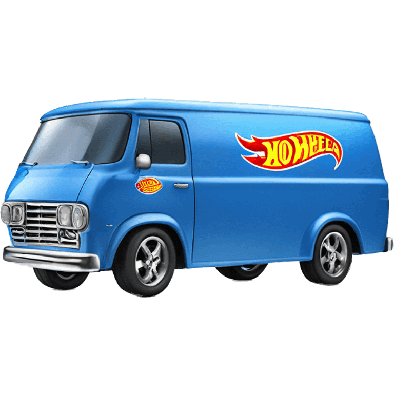 Side-on shot, Hot wheels, Hot rod, large panel van truck,1973 with exposed chrome exhaust pipes, blue, large wheels in back, large logo is “Stinky’s Diaper Cleaner” emoji