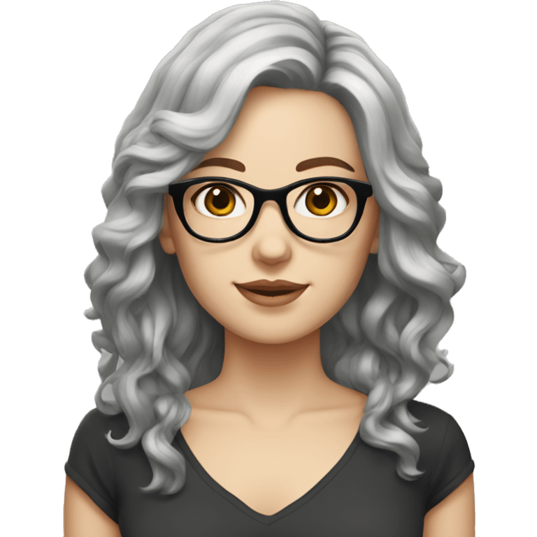 white girl with black wavy shoulder length hair, grey eyes glasses emoji