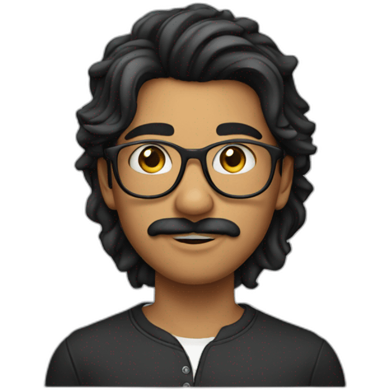 Indian teenager, with moustache and a goatee, with long wavy black hair, wearing glasses emoji