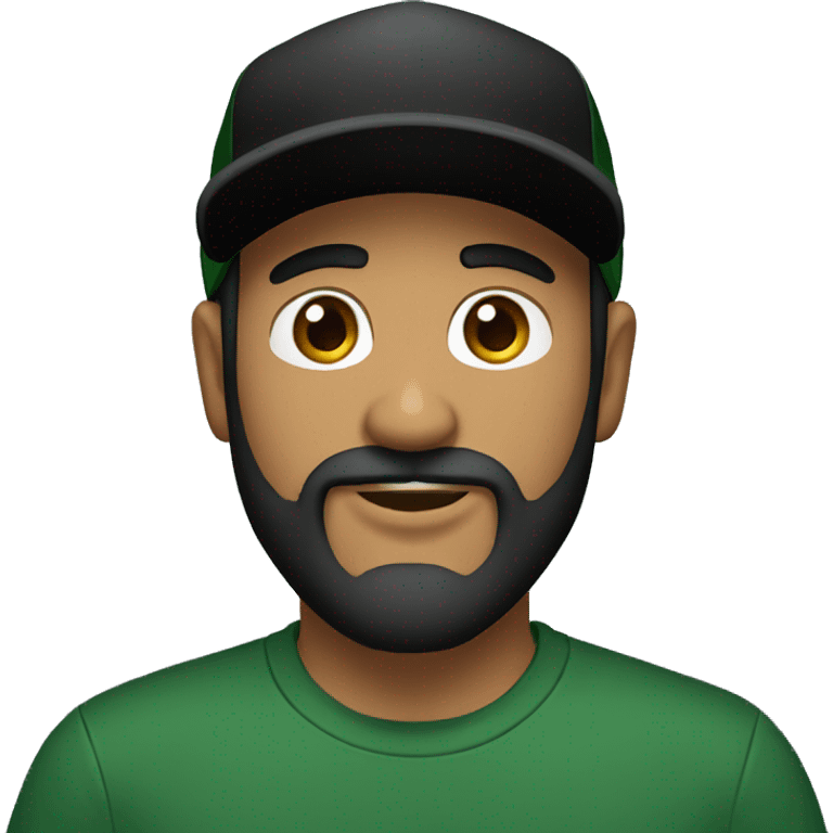 brown man with a dark beard, dark eyes, dark green t-shirt and a BLACK BLACK cap emoji