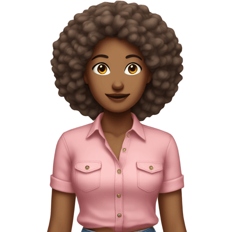 Tan girl with Afro posing full body jean skirt pink shirt emoji