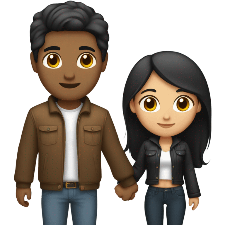 a couple holding hands. the guy has black middle part hair and is Persian and Filipino mix, wearing a jacket. the girl has brown hair white and asian mix, wearing a crop top. emoji