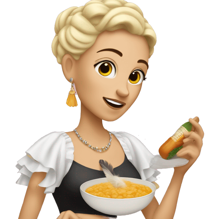 White Woman with a black pixi cut, making a Spanish cocido while wearing a grand night gown with feathers emoji