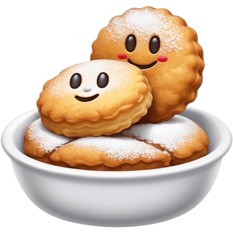 Buñuelo Cinematic Realistic Buñuelo Dessert Emoji, depicted as perfectly round, fluffy fritters served in a small bowl with a dusting of powdered sugar, rendered with vibrant textures and warm, inviting lighting. emoji