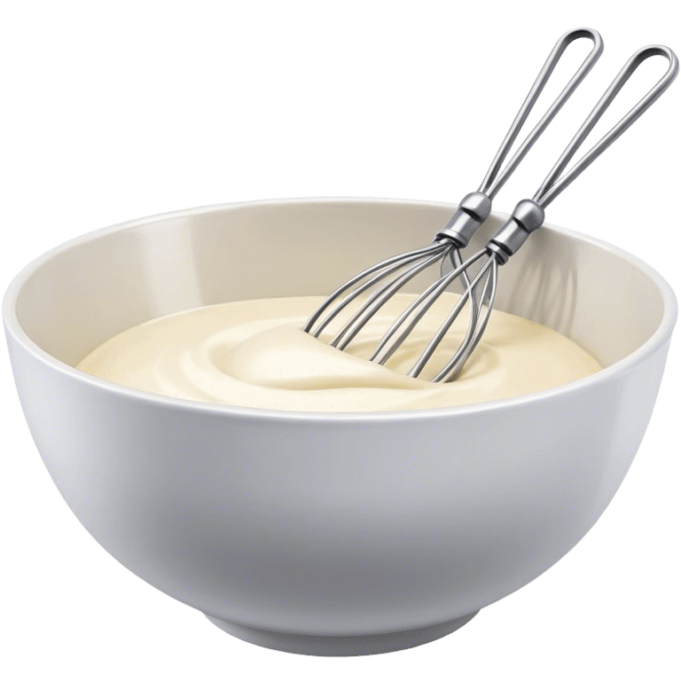 Cinematic Realistic Whisk & Mixing Bowl, a well-used metal whisk resting in a smooth ceramic mixing bowl, light reflecting off the whisk’s polished surface, subtle smears of batter along the rim, glowing with a sense of warmth and creativity. emoji