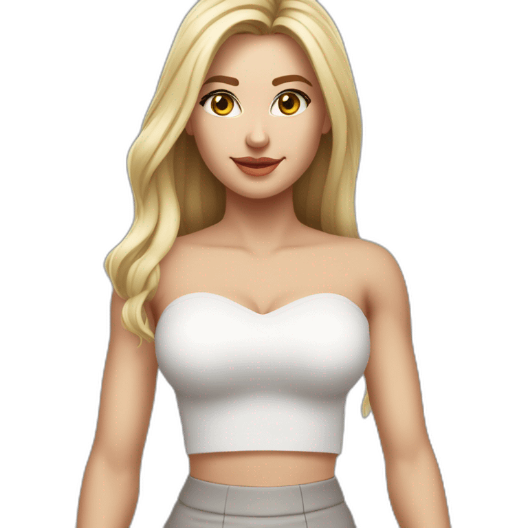 hyperrealistic caucasian long blonde hair brown eyes woman white v-neck strapless top gray tight mini skirt walking towards camera emoji