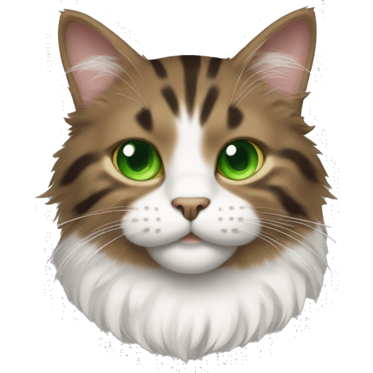 fluffy brown tabby cat with green eyes and a white chest and paws  emoji