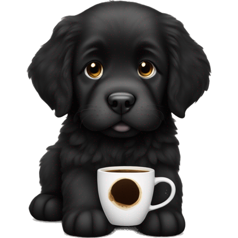 Black Newfoundland puppy w coffee cup  emoji