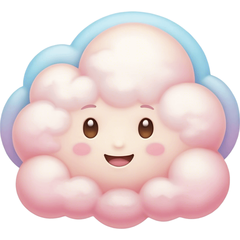 Cinematic round pastel cloud, soft puffy texture, gentle glowing edges, tiny happy face with blushing cheeks, floating in a dreamy sky, warm and magical. emoji