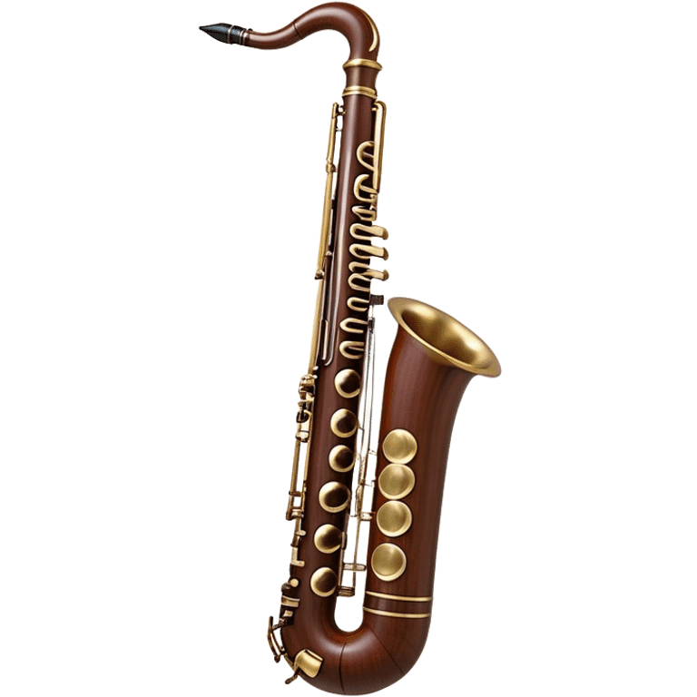 Create a detailed and elegant emoji representing a bassoon. The design should showcase the long, slender wooden body of the bassoon with its distinct curves and metal fittings. Highlight the keywork and metal rings around the joints, with subtle light reflections on the wood to give it a polished appearance. The top of the bassoon should have the characteristic metal bell, and the reed should be clearly visible at the mouthpiece. Use warm wood tones like deep brown and mahogany for the body, with silver or brass accents for the metal parts. Add soft musical notes or soundwaves around the instrument to evoke its rich, deep sound. The background should be transparent. emoji